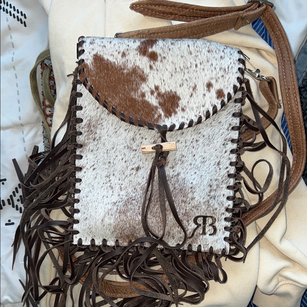 Boho Chic Brown and White Crossbody Bag with Fringe